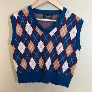 Cider Women’s Sweater Vest Size Medium Blue Argyle Print Knit Academia Preppy